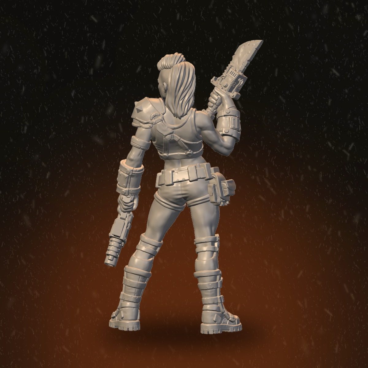 Rear view of the female fighter showing long hair, back armour plates, and blade held overhead