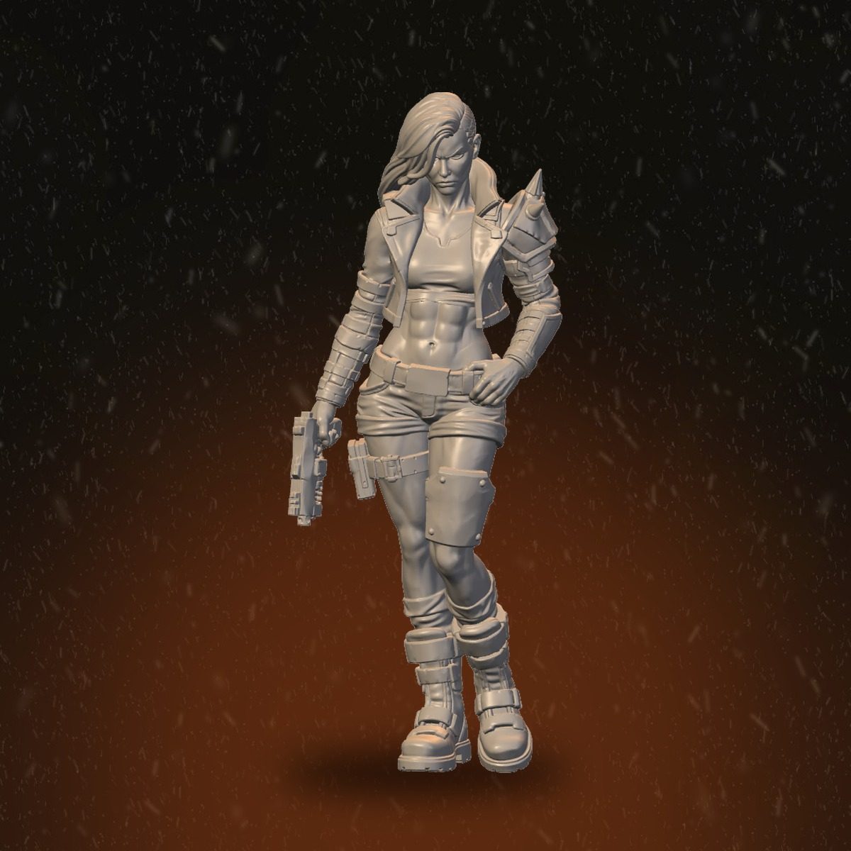 Front view of the female operative in spike-shouldered jacket, walking pose, handgun at side