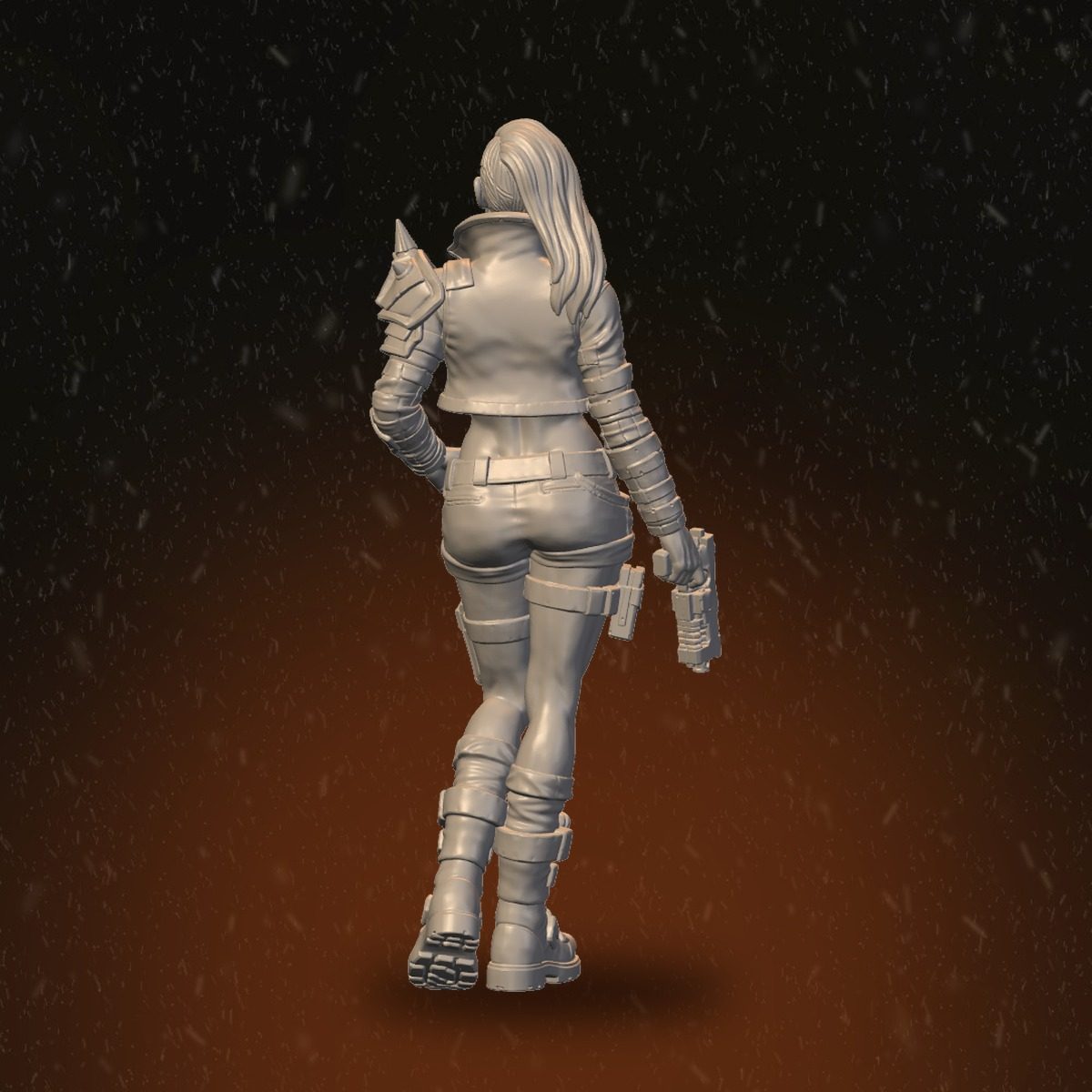 Rear view of the female operative showing jacket back, spike shoulder detail, and pistol carried low