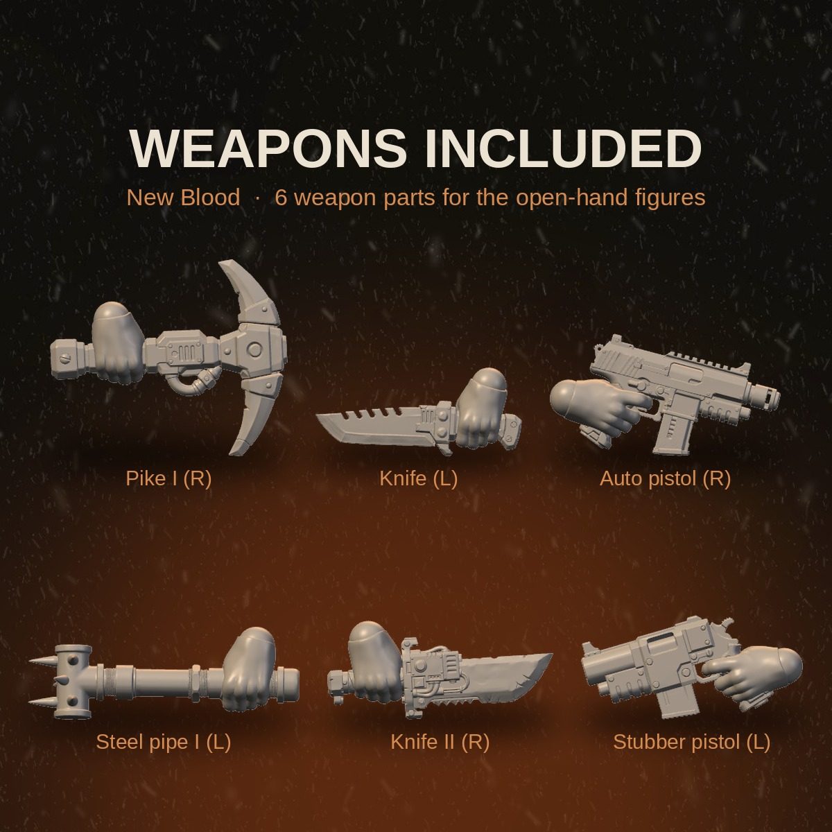 Weapons parts sheet showing all 6 included weapon options: pike, two knives, steel pipe, auto pistol, and stubber pistol