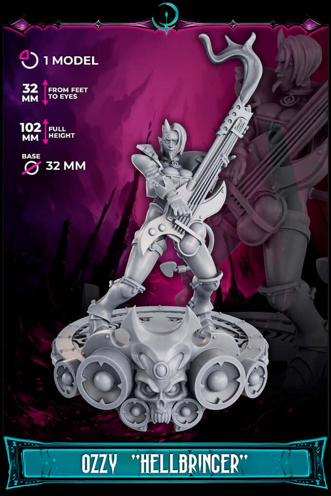 Ozzy Hellbringer female chaos musician miniature with guitar-weapon, 32mm scale model.