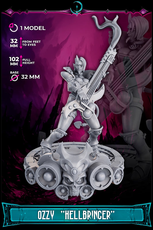 Ozzy Hellbringer female chaos musician miniature with guitar-weapon, 32mm scale model.