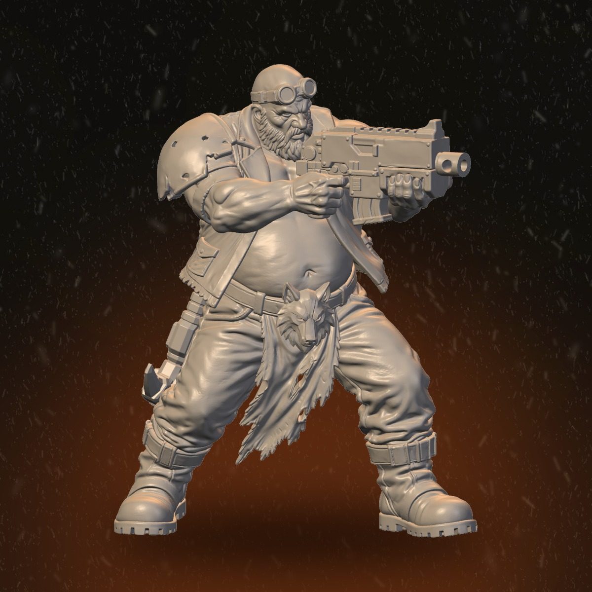 Front view of the heavy bruiser Pack Leader with assault rifle, goggles, and wolf pelt belt detail
