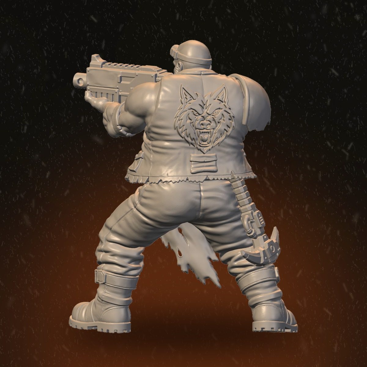 Rear view of the bruiser Pack Leader showing wolf emblem pressed into the back of his jacket