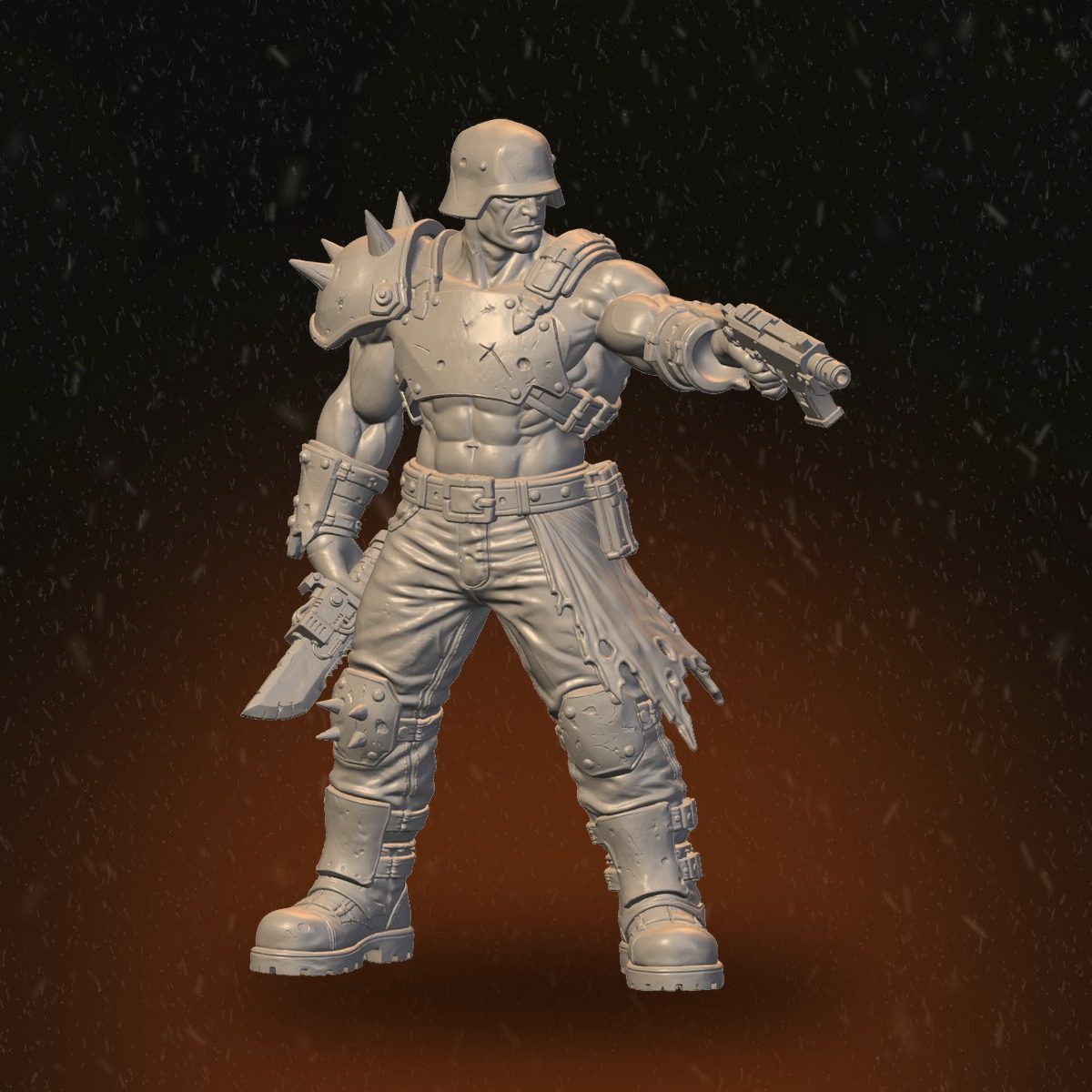 Front view of the helmeted enforcer Pack Leader holding a pistol and serrated blade, spiked shoulder armour visible