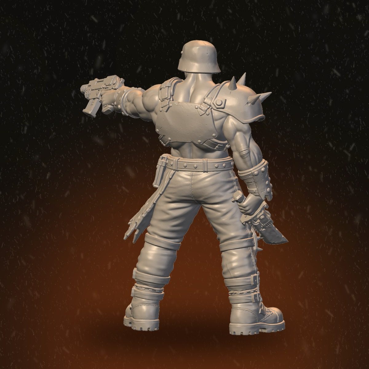 Rear view of the helmeted enforcer Pack Leader showing bare back and spiked shoulder pad detail