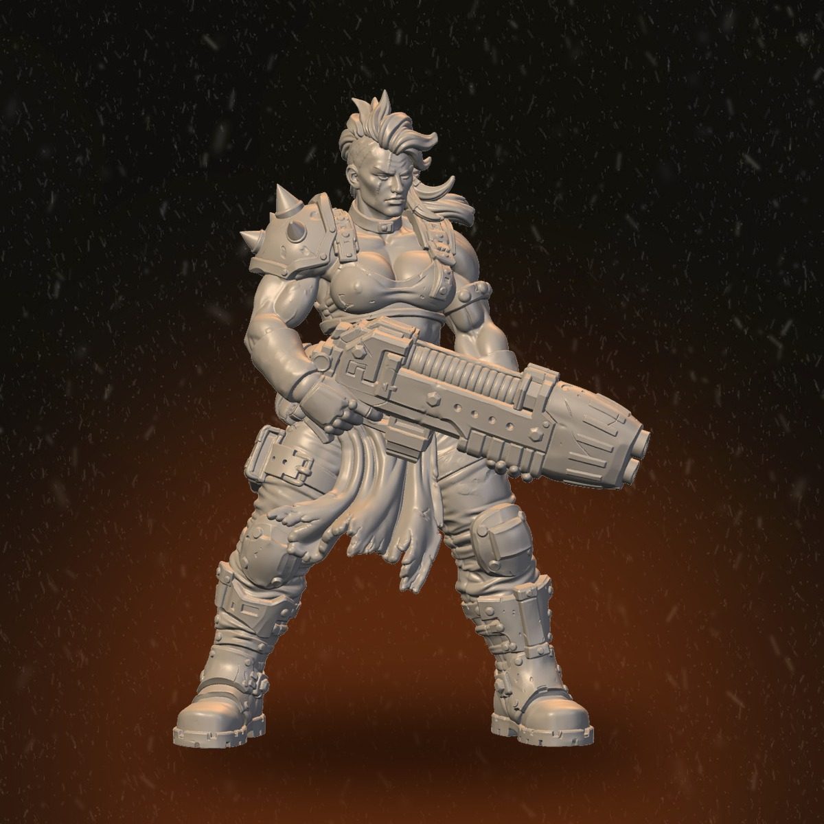 Front view of the female Pack Leader carrying a large shoulder cannon, spiked pauldron and flowing hair visible