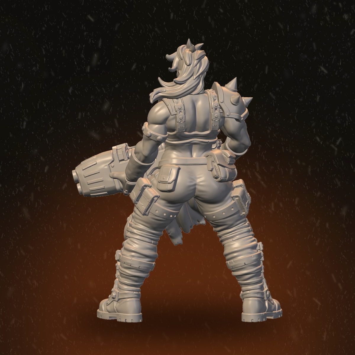 Rear view of the female Pack Leader showing cannon muzzle, armour straps, and hair sculpt detail