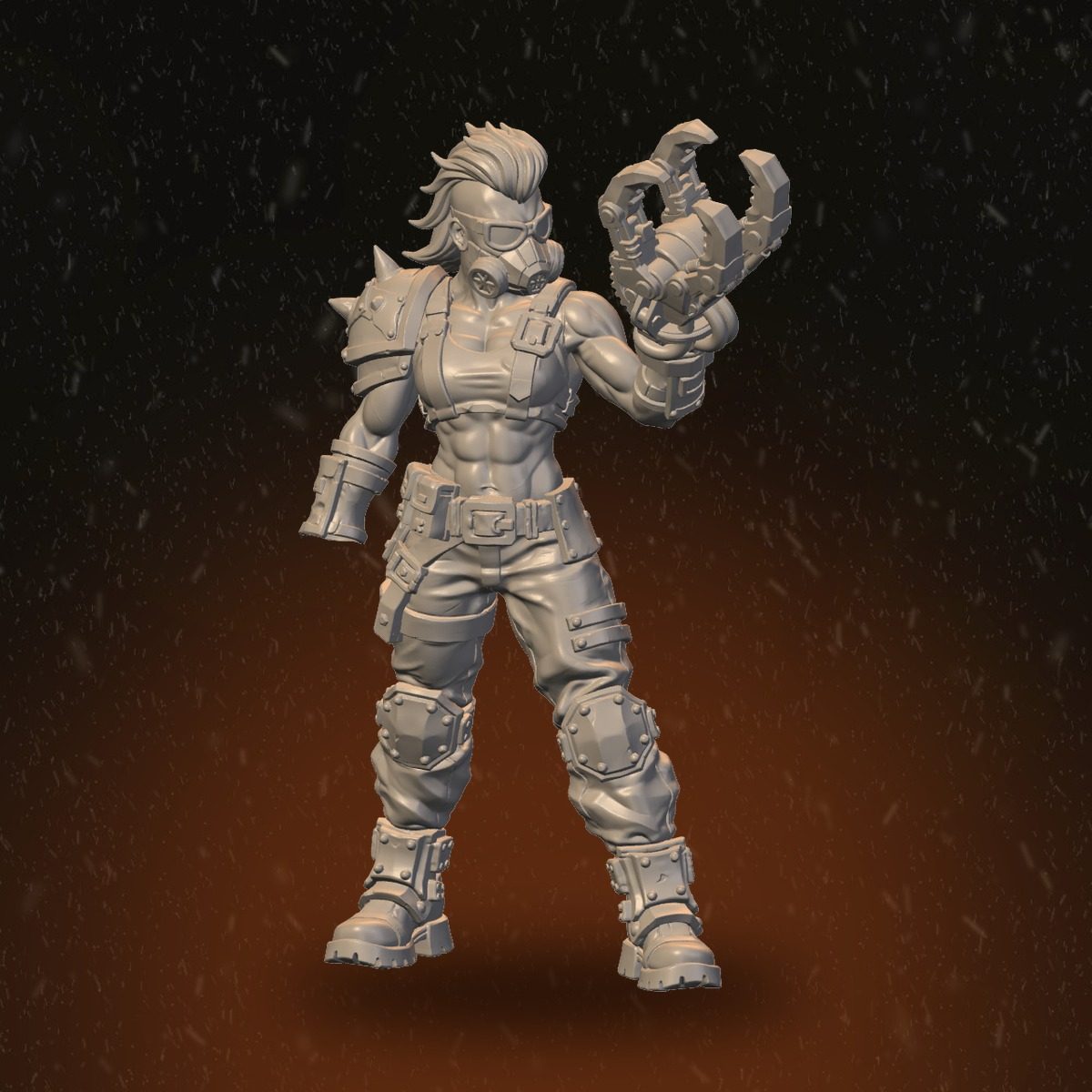 Front view of the respirator-wearing Pack Leader with raised mechanical claw arm and mohawk hairstyle