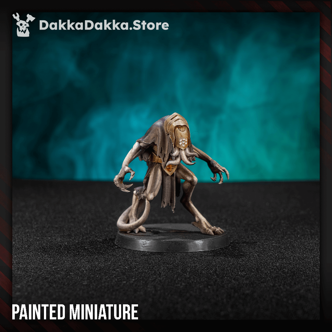 Trench Crusade Style Tet'o Kr'lieh Hunter 32mm resin miniature front and back views unpainted and painted