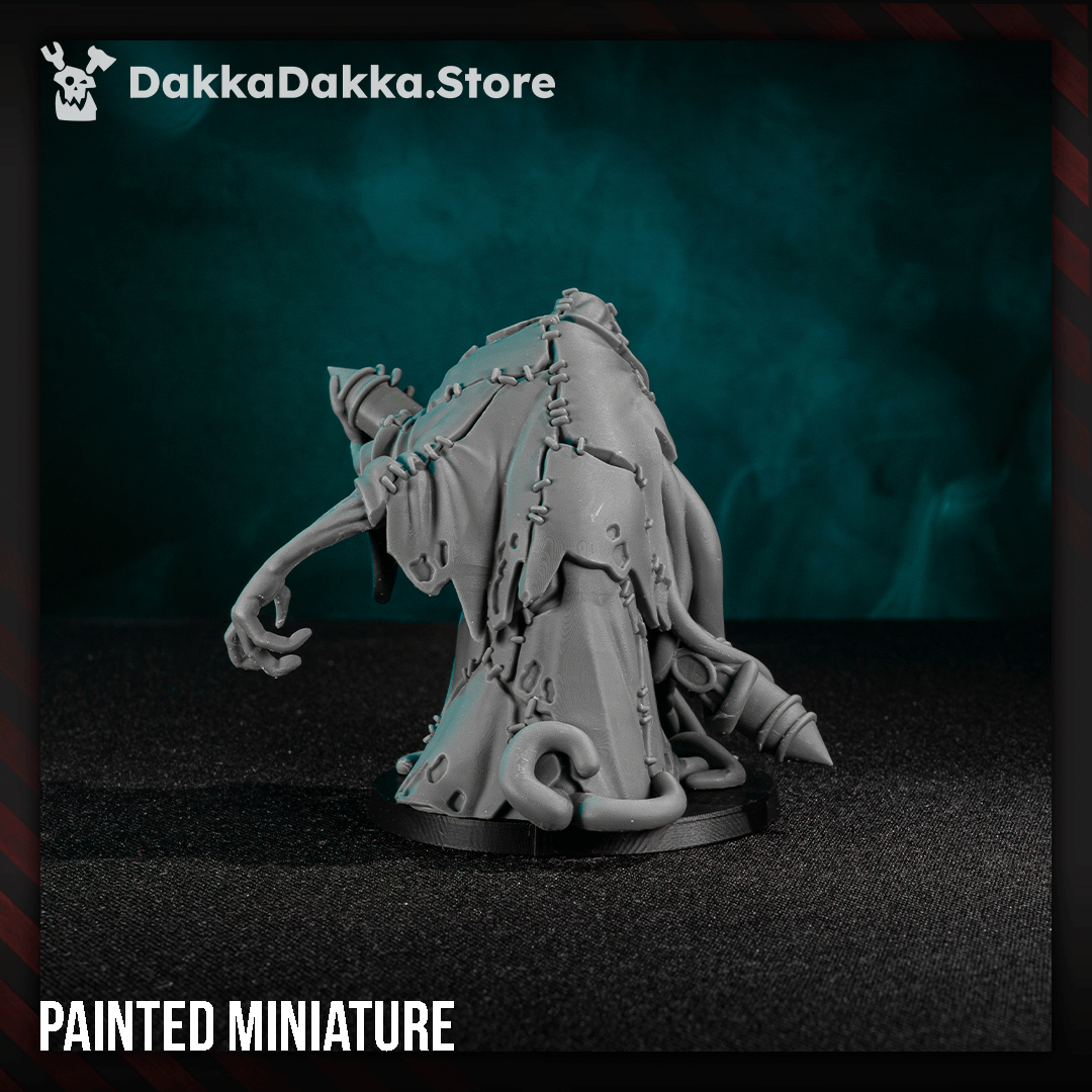 Trench Crusade Style Librarian miniature with stitched hooded robe, tentacles, and sigil-covered container