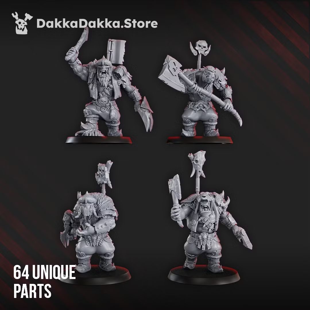 Porkaz Grorks Build Kit greenskin warrior miniatures shown from front, 32mm resin, unpainted grey