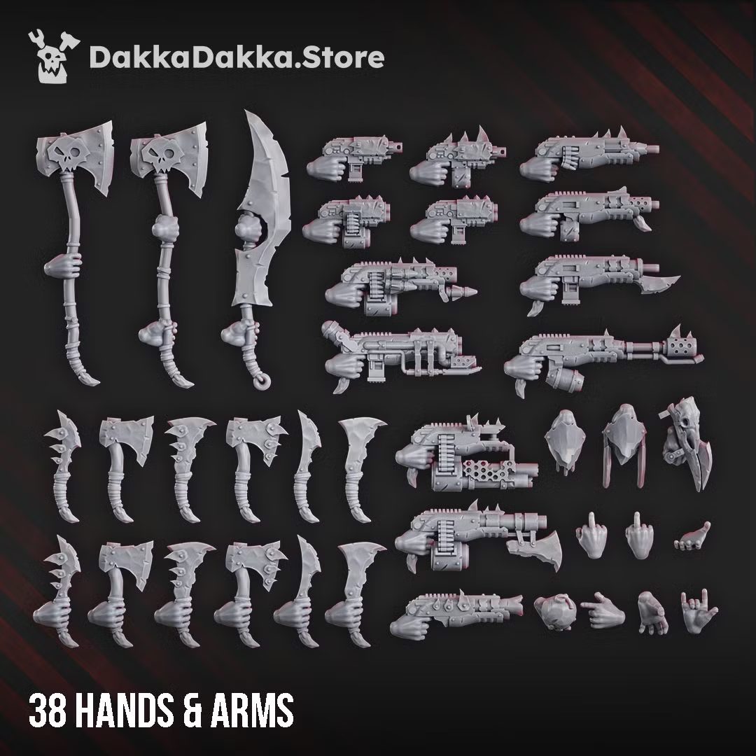 Full spread of 38 hands and arms parts including axes, blades, guns, and shields from the Build Kit
