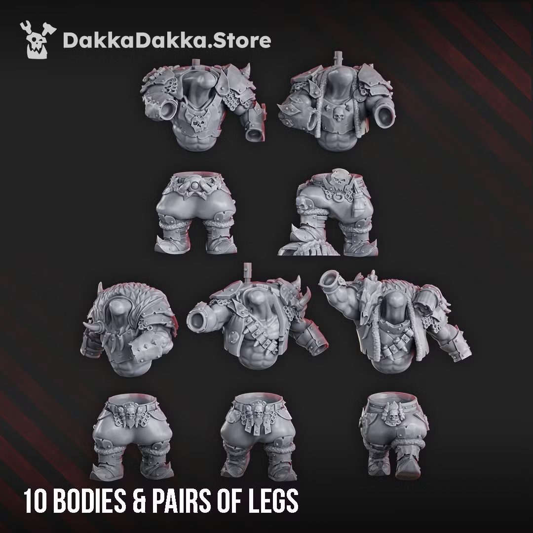 Ten torso bodies and pairs of legs parts laid out, showing armour and pose variety across the kit