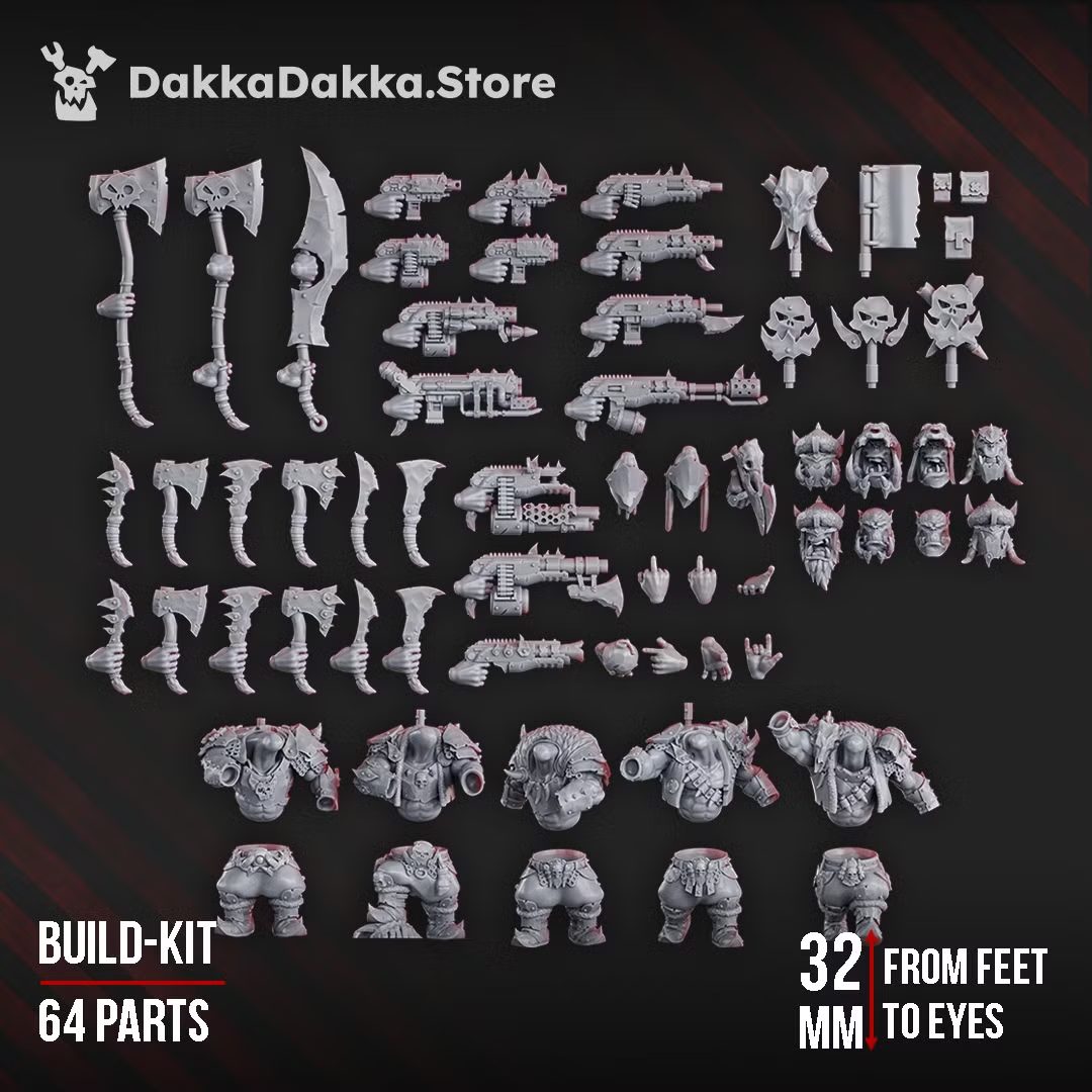 Complete 64-part Build Kit spread showing all components including heads, bodies, legs, weapons, and arms