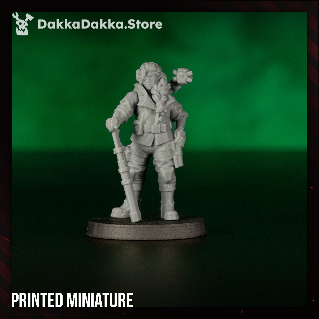 Unpainted printed grey resin commander miniature on black base, front view showing assembled detail