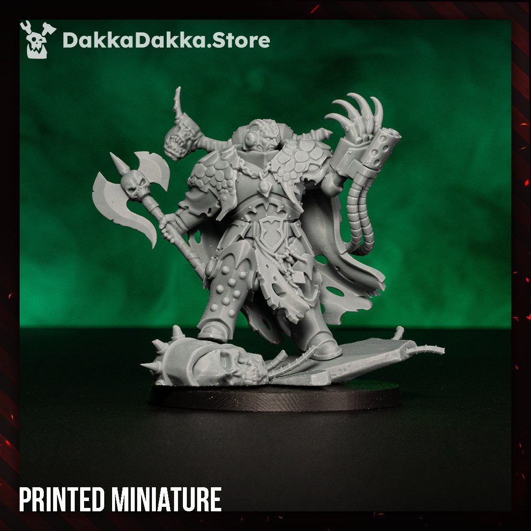 Unpainted grey resin printed miniature assembled on a black oval base, photographed against a green background