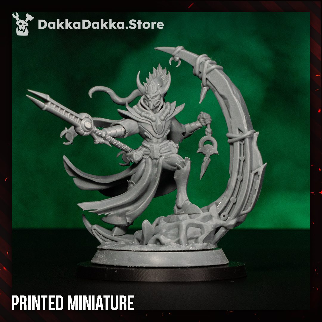 Printed grey resin miniature fully assembled on round base, unpainted, showing sculpt detail