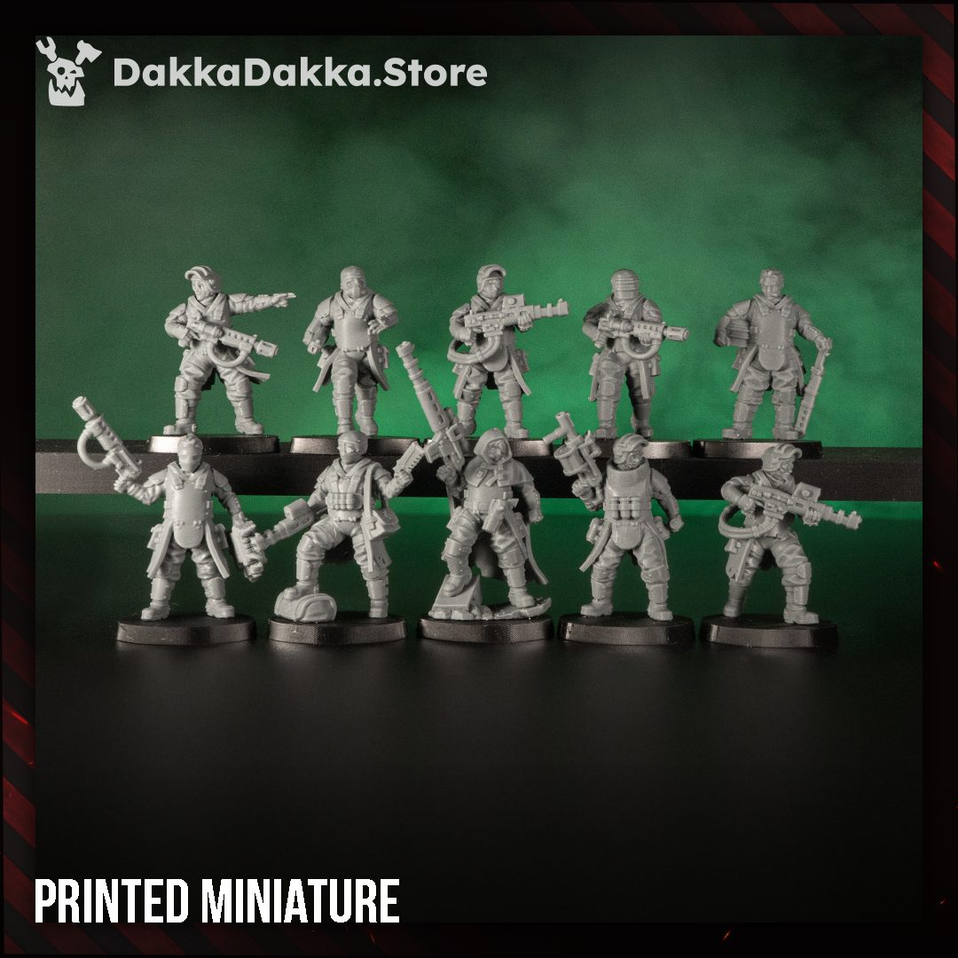 Ten assembled and unpainted printed resin miniatures posed on round bases, showing full squad variety from front