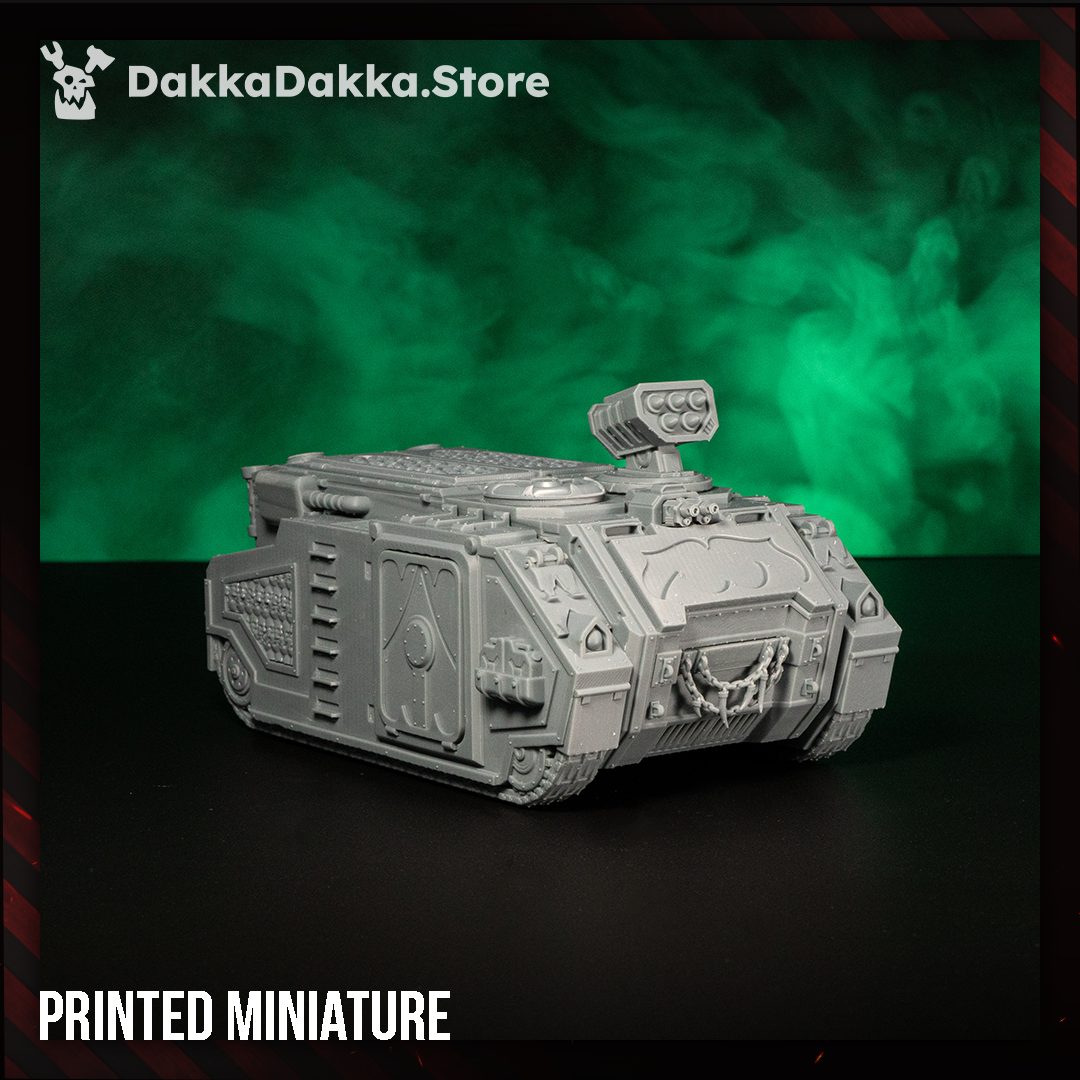 Great Vortex Legion APC grey resin printed miniature, three-quarter front view showing full hull and rocket turret