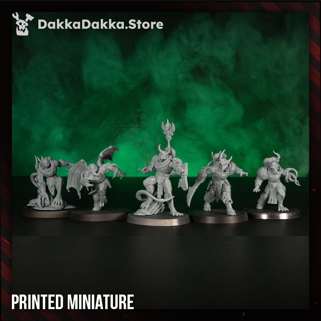 All five miniatures printed in grey resin, unpainted, lined up on dark surface
