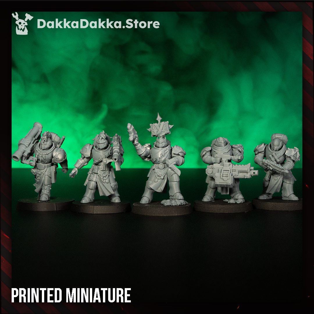 Five assembled unpainted resin miniatures photographed under green atmospheric lighting