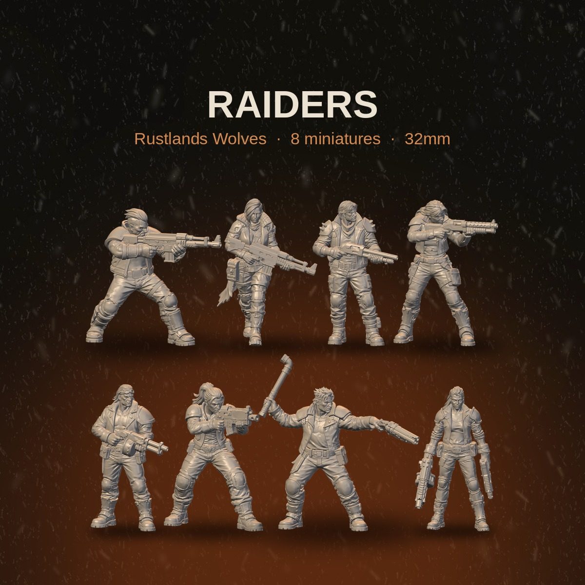 Rustland's Wolves - Raiders full squad overview showing all 8 resin miniatures at 32mm scale