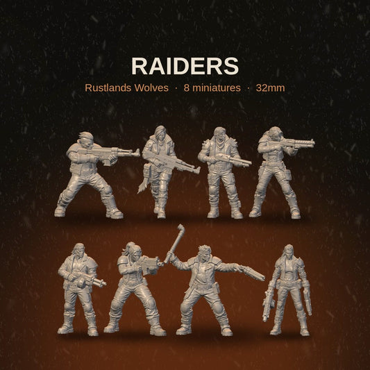 Rustland's Wolves - Raiders full squad overview showing all 8 resin miniatures at 32mm scale