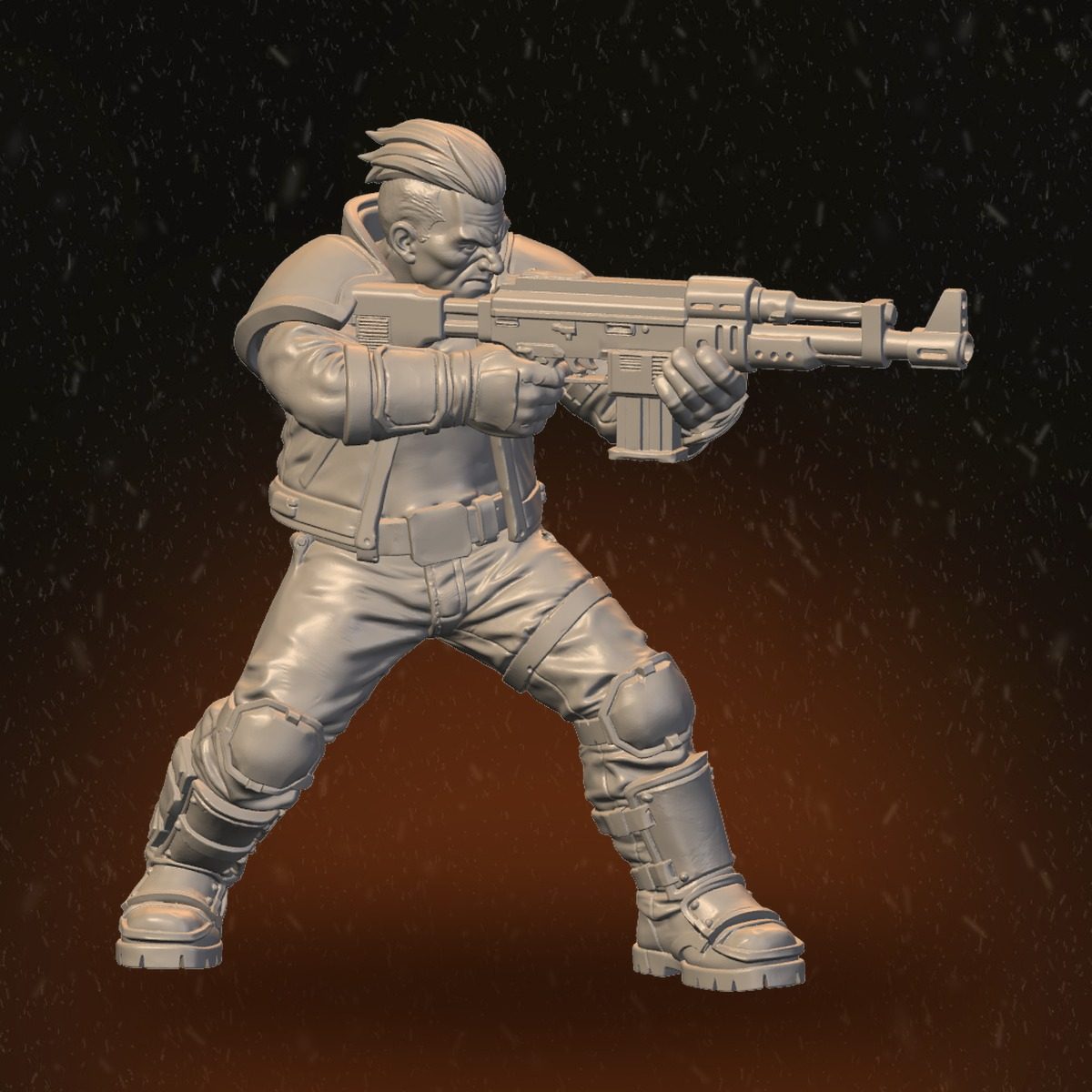 Front view of stocky male raider in wide firing stance aiming long assault rifle