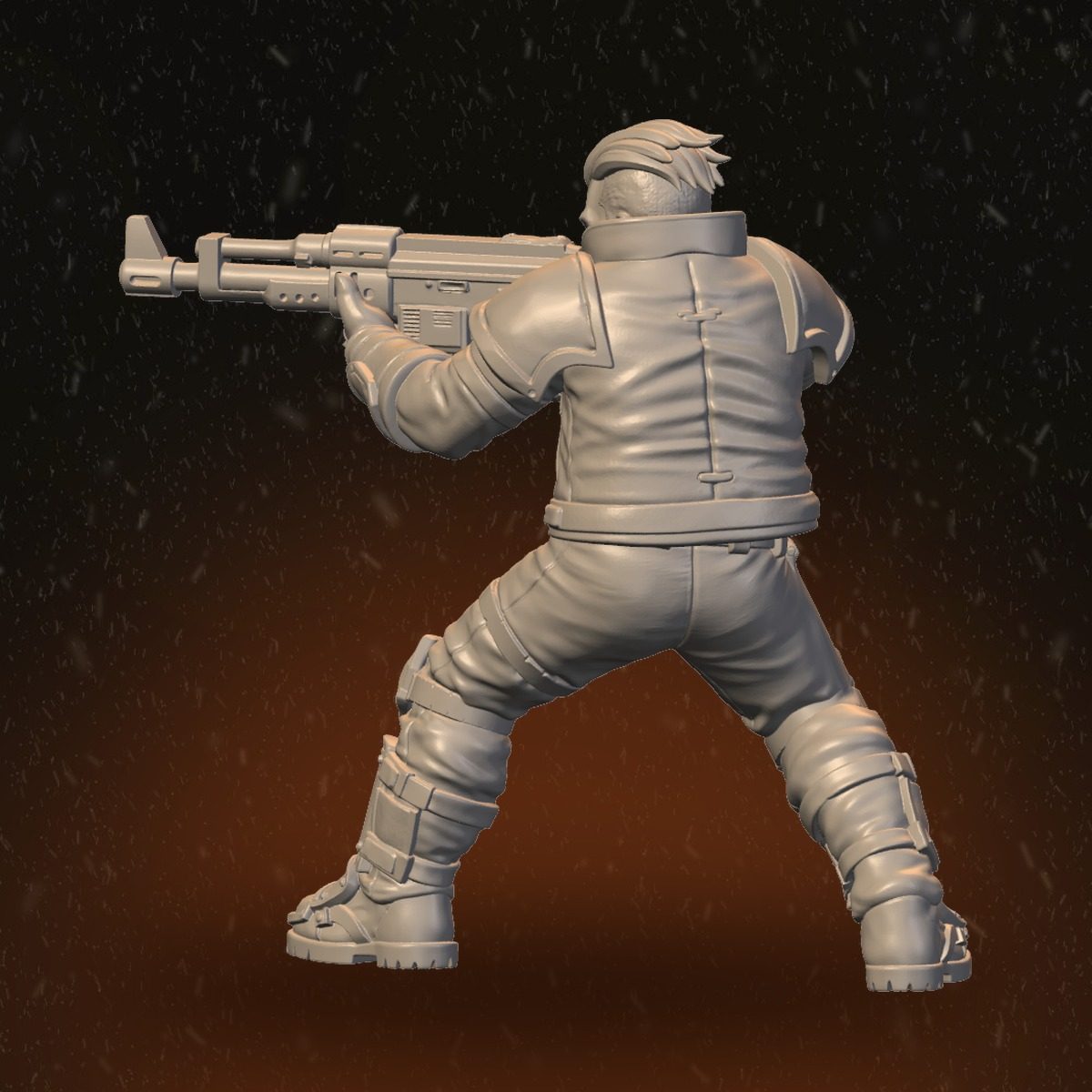 Rear view of stocky male raider showing jacket detail, knee guards, and boot straps