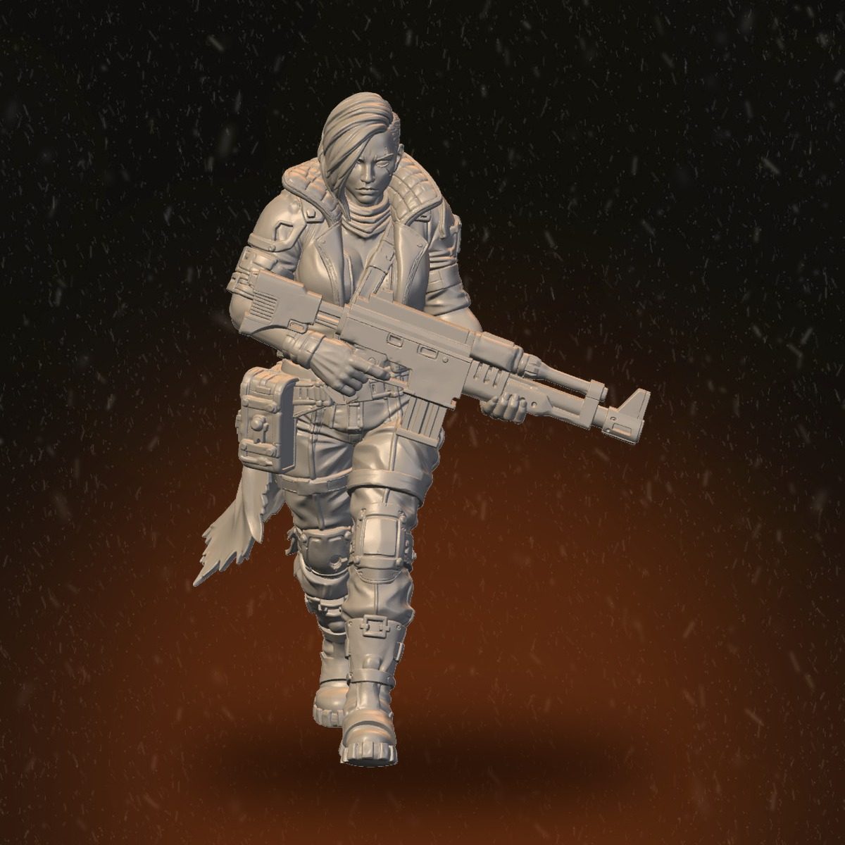 Front view of female raider advancing at a run, coat shredded at hem, rifle held low