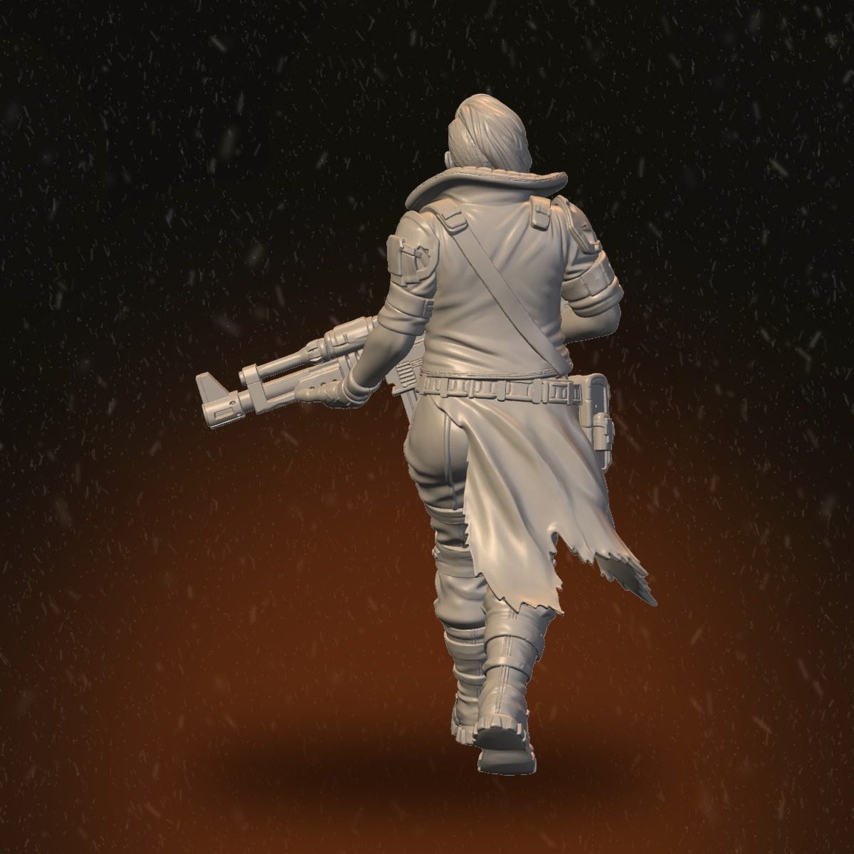 Rear view of advancing female raider showing sling, coat tails, and belt detail
