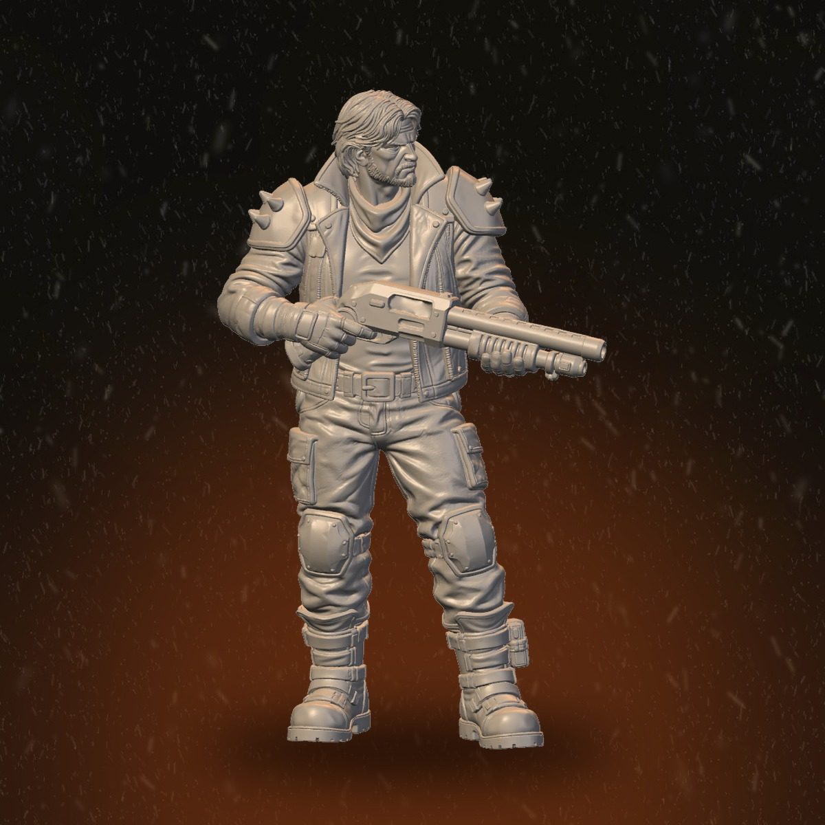 Front view of large male raider with spiked shoulders holding shotgun at rest
