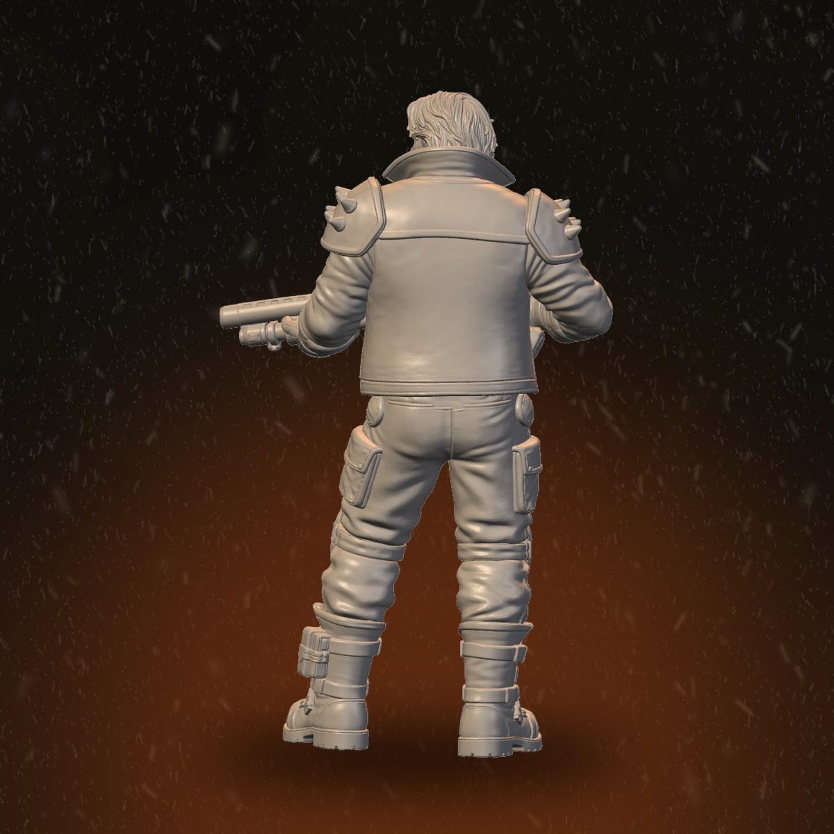 Rear view of spiked-shoulder male raider showing jacket back and boot buckle detail