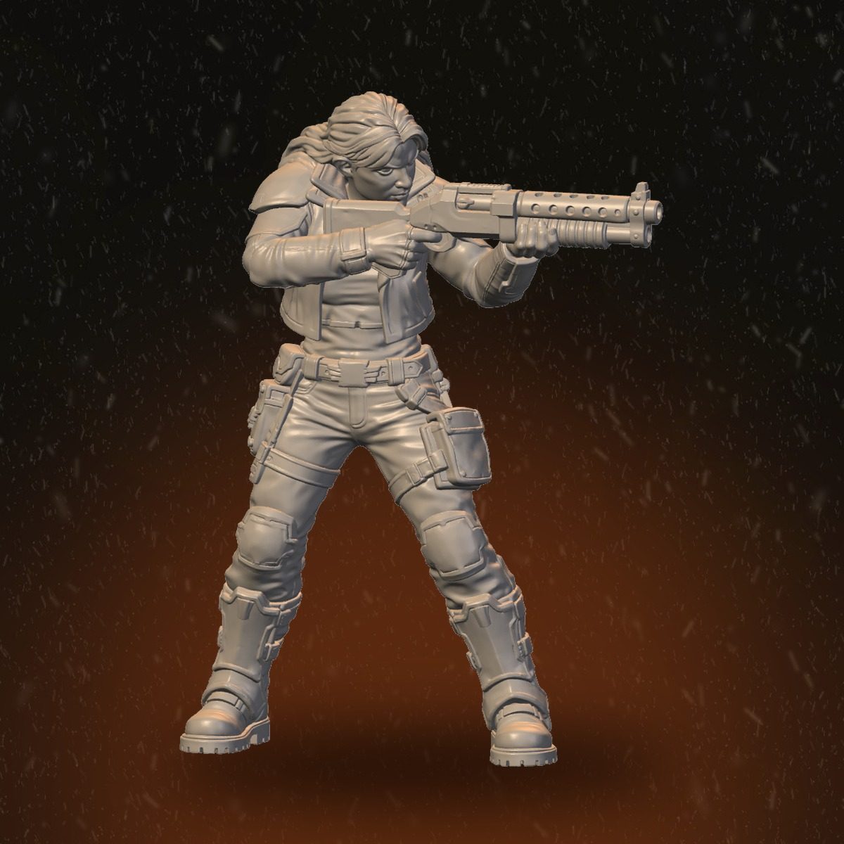 Front view of female raider in wide stance aiming shotgun with long hair flowing back