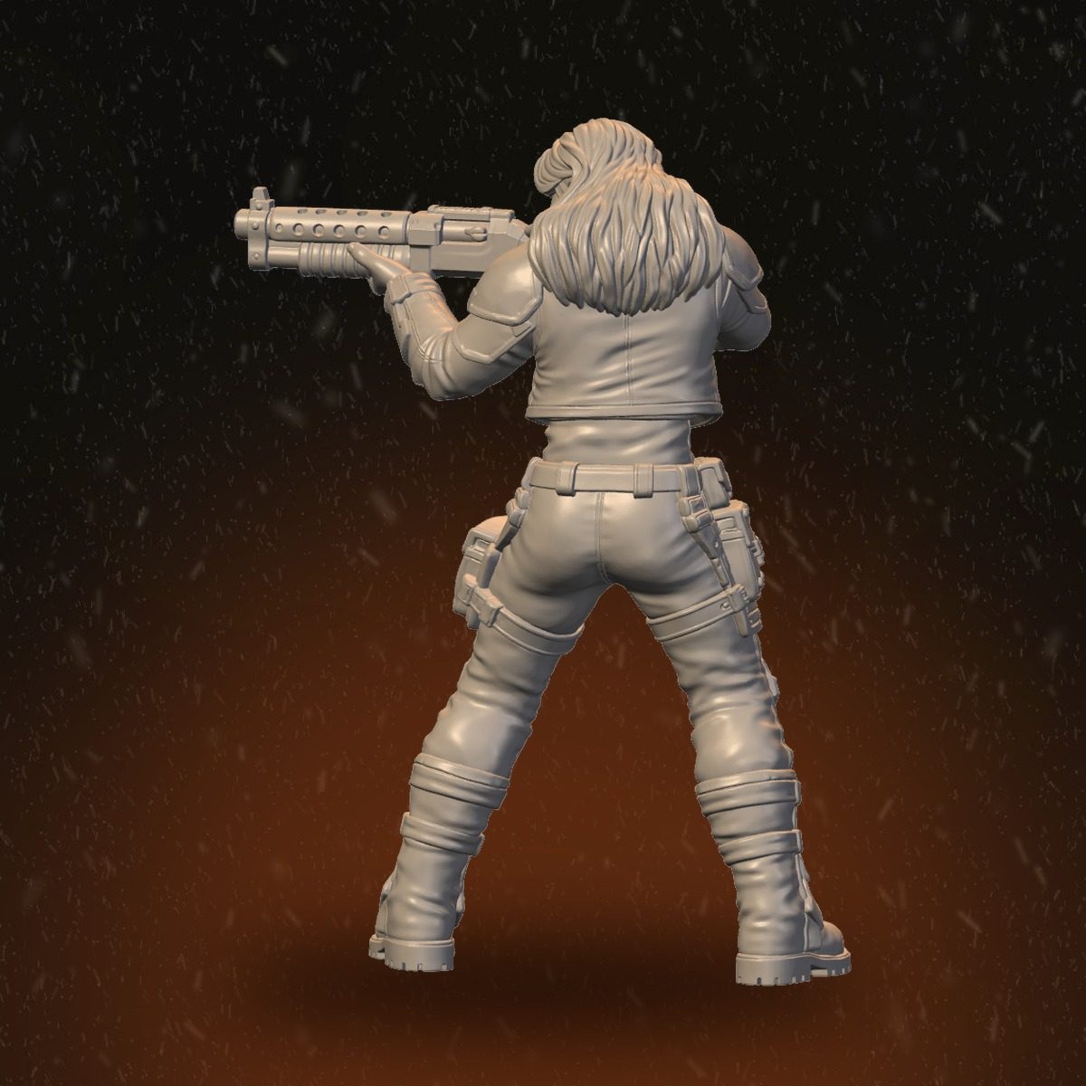 Rear view of female shotgun raider showing hair, belt pouches, and boot straps
