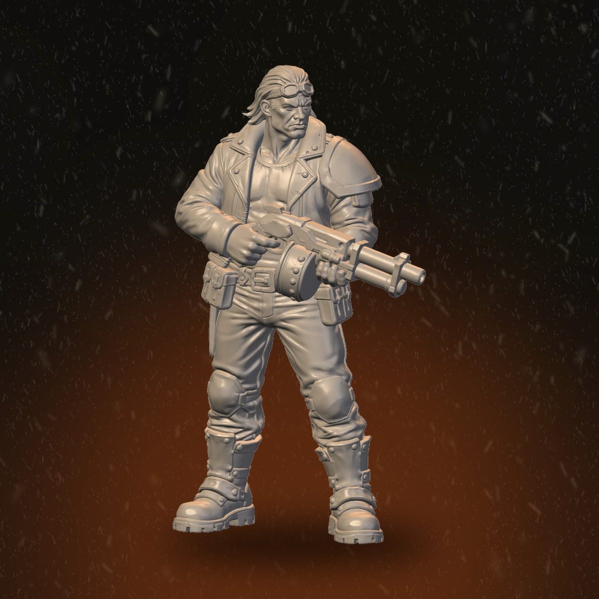 Front view of large goggles-wearing male raider holding double-barrelled weapon at hip