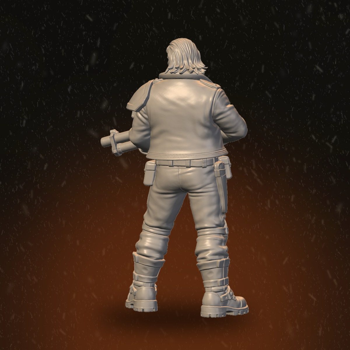 Rear view of goggles-wearing male raider showing jacket, utility belt, and leg wraps