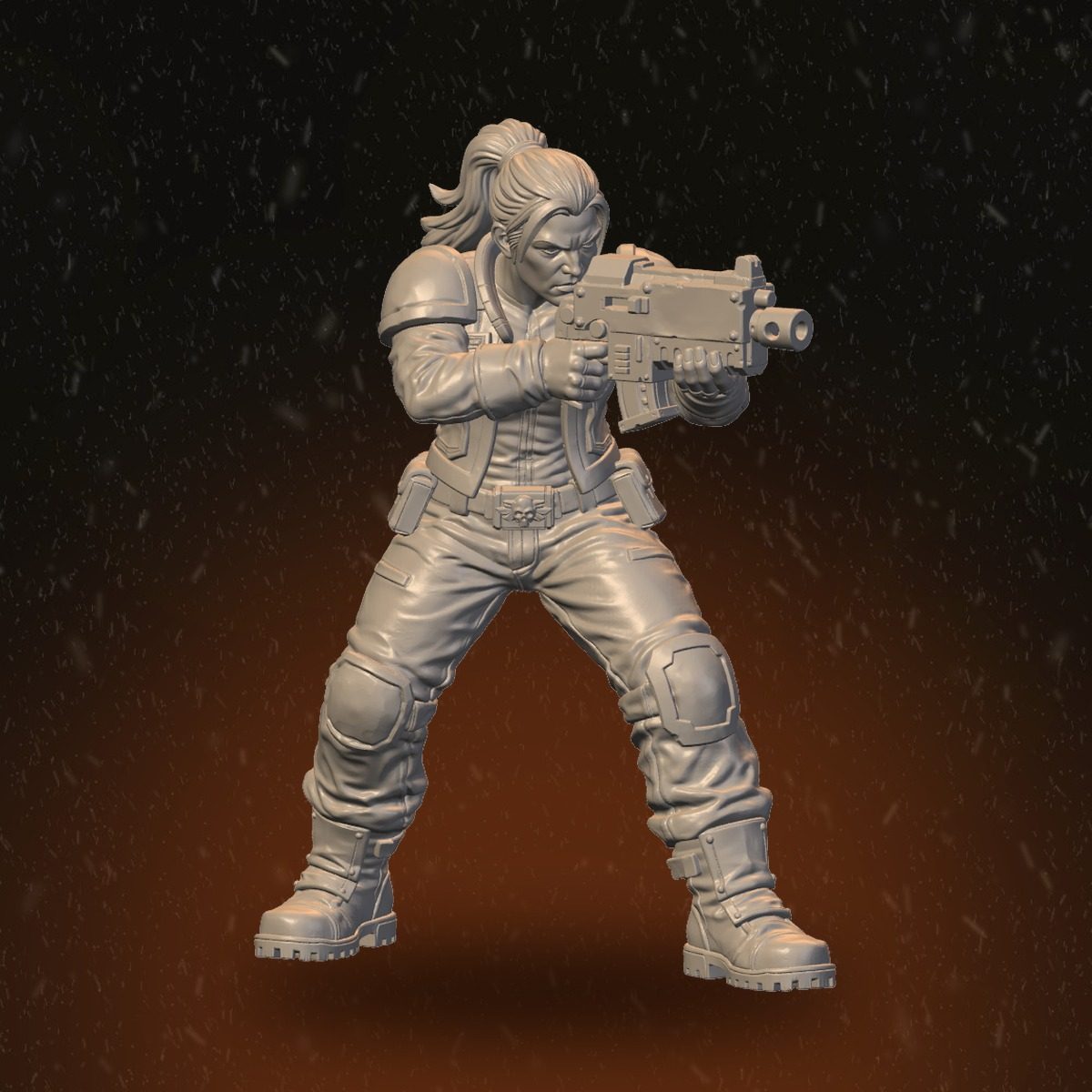 Front view of female raider in combat stance aiming compact rifle with ponytail and knee guards