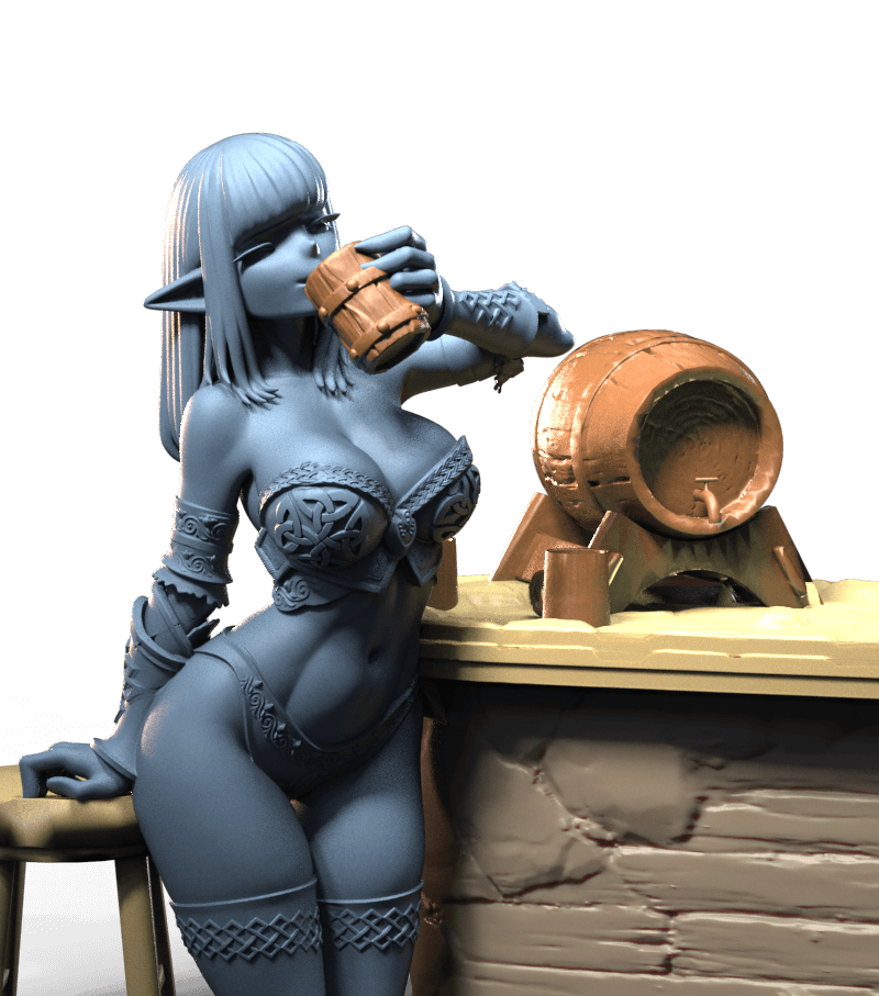 Elven girl standing at bar drinking from tankard