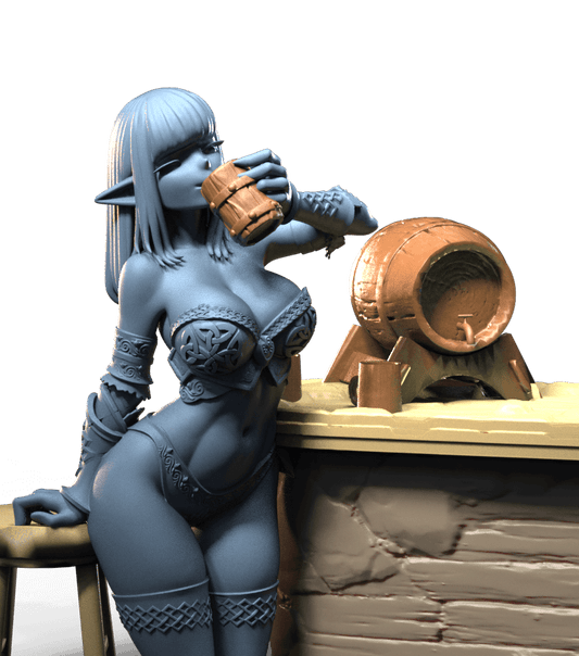 Elven girl standing at bar drinking from tankard