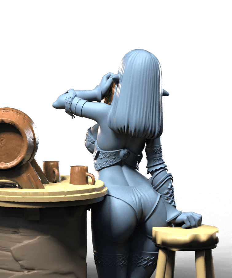 Elven girl standing at bar drinking from tankard