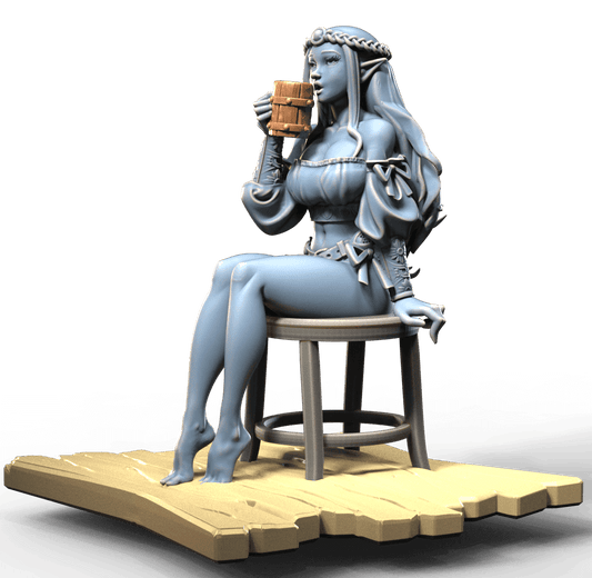 Elven Bar girl sitting on chair sipping a beer from a tankard