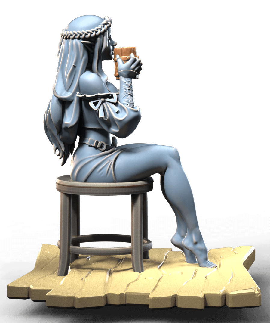 Elven Bar girl sitting on chair sipping a beer from a tankard
