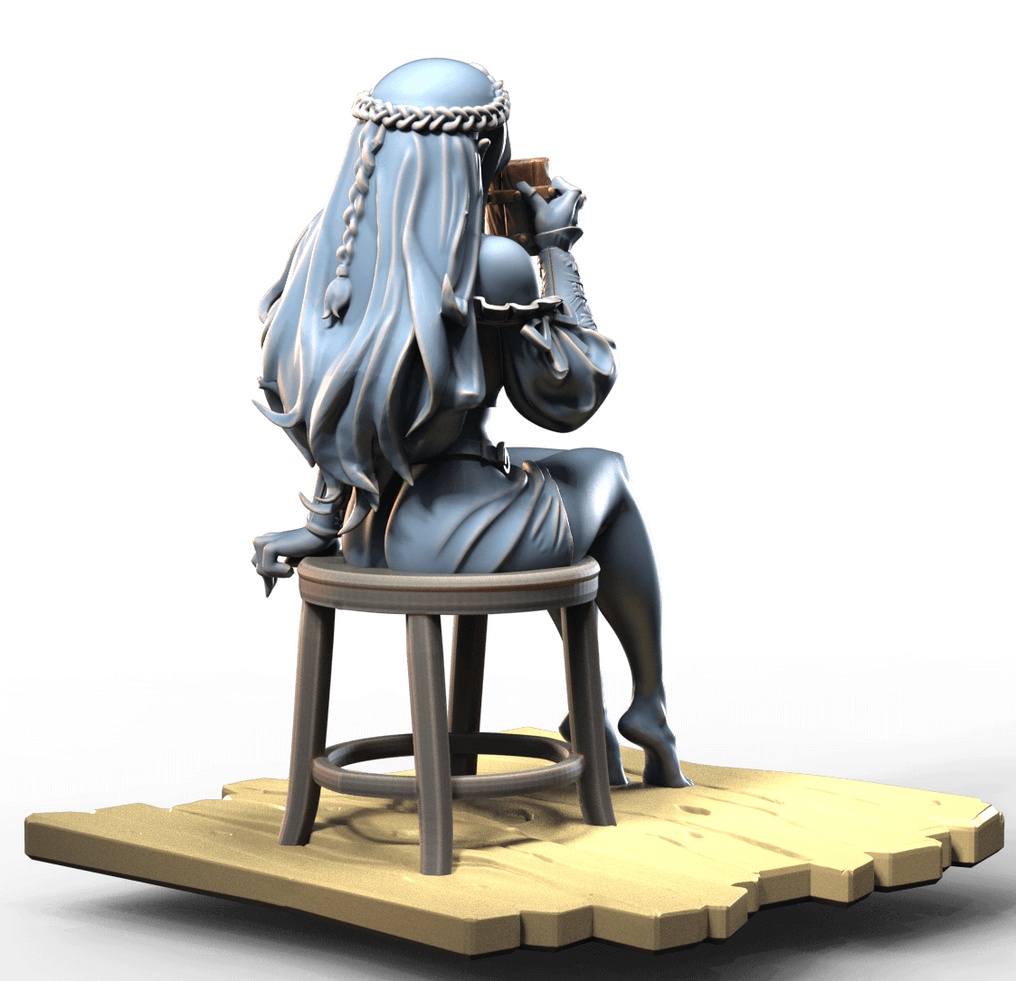 Elven Bar girl sitting on chair sipping a beer from a tankard