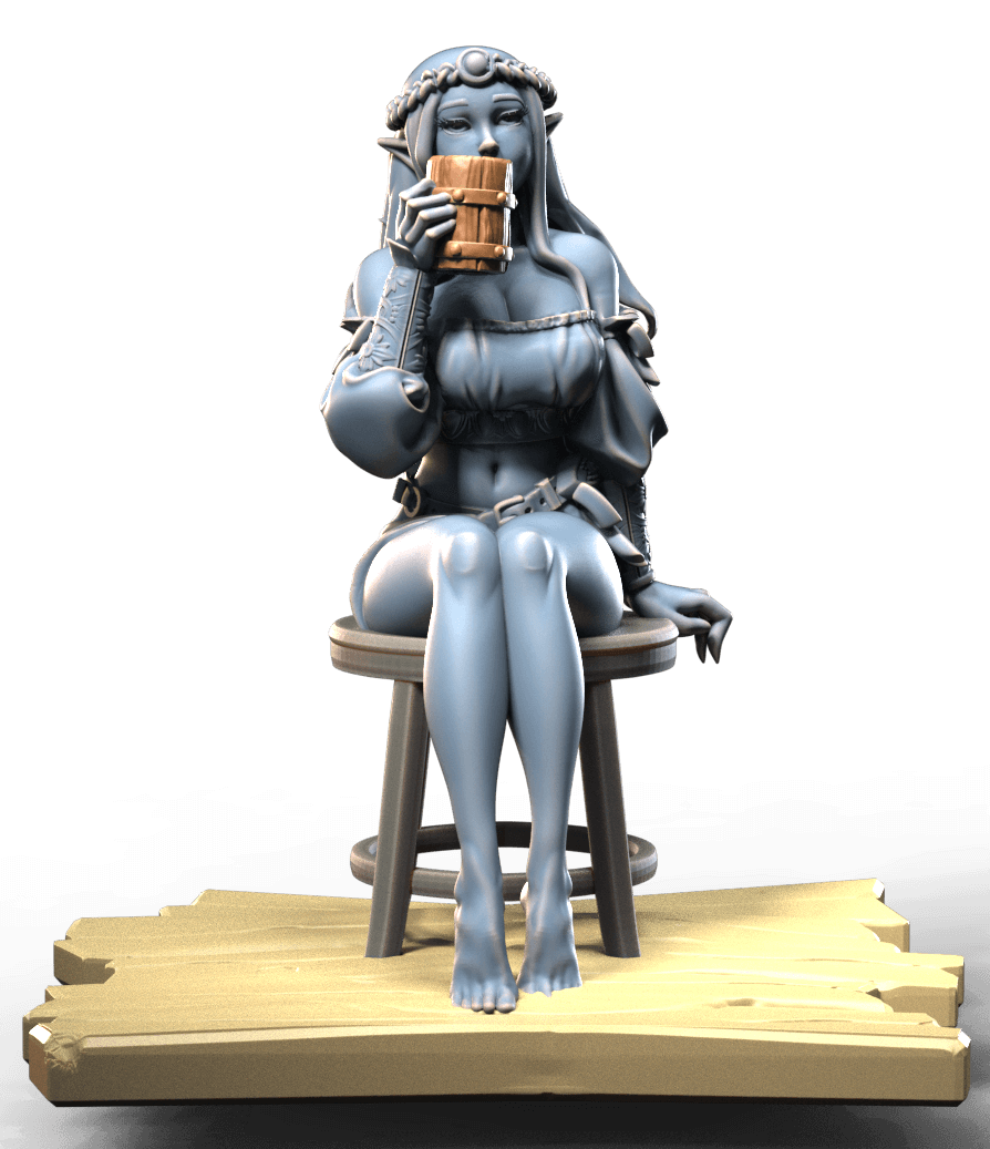 Elven Bar girl sitting on chair sipping a beer from a tankard