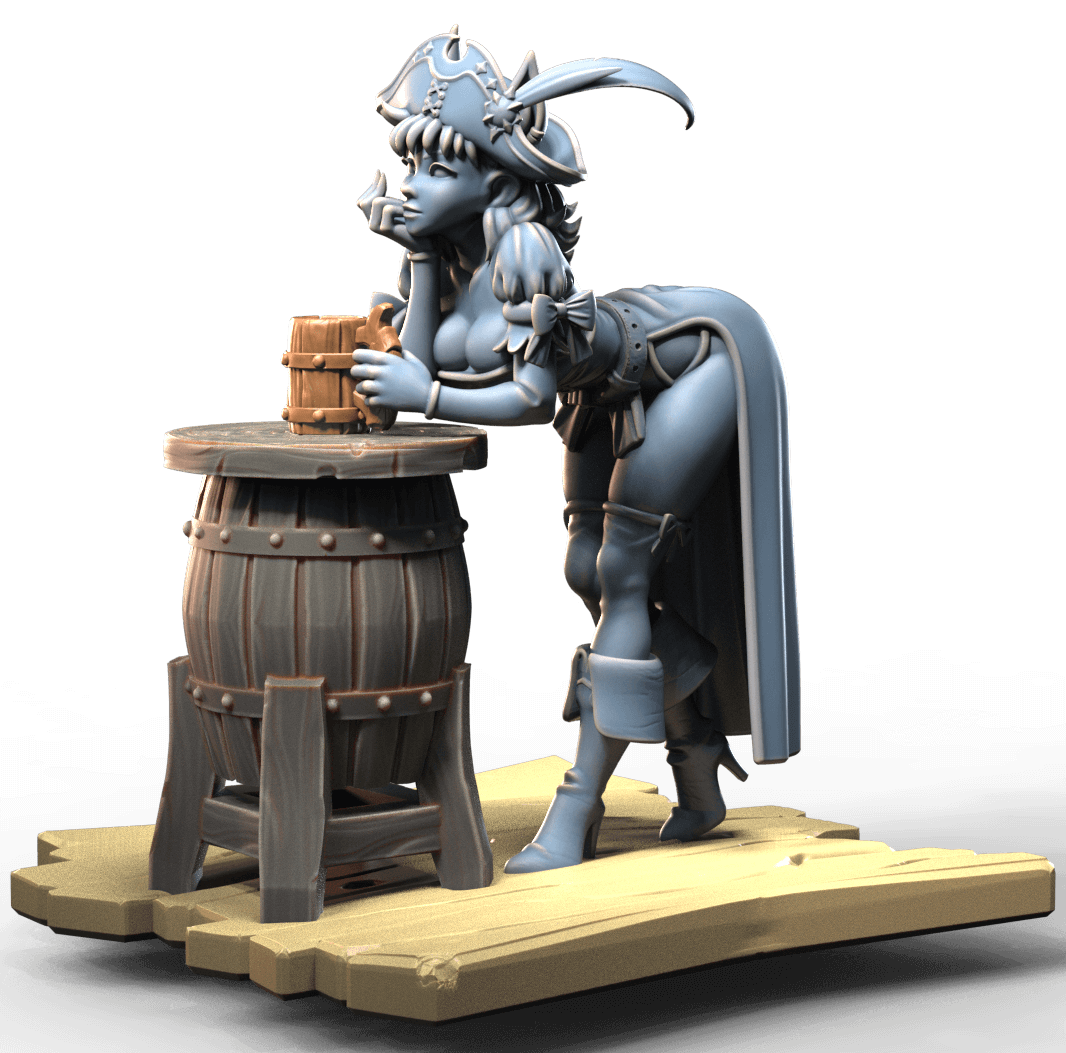 Pin-Up Fantasy Bar Girl – resin miniature of tavern barmaid leaning on barrel with mug