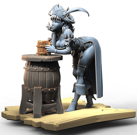 Pin-Up Fantasy Bar Girl – resin miniature of tavern barmaid leaning on barrel with mug