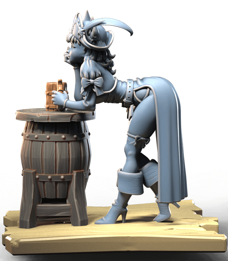 Pin-Up Fantasy Bar Girl – resin miniature of tavern barmaid leaning on barrel with mug