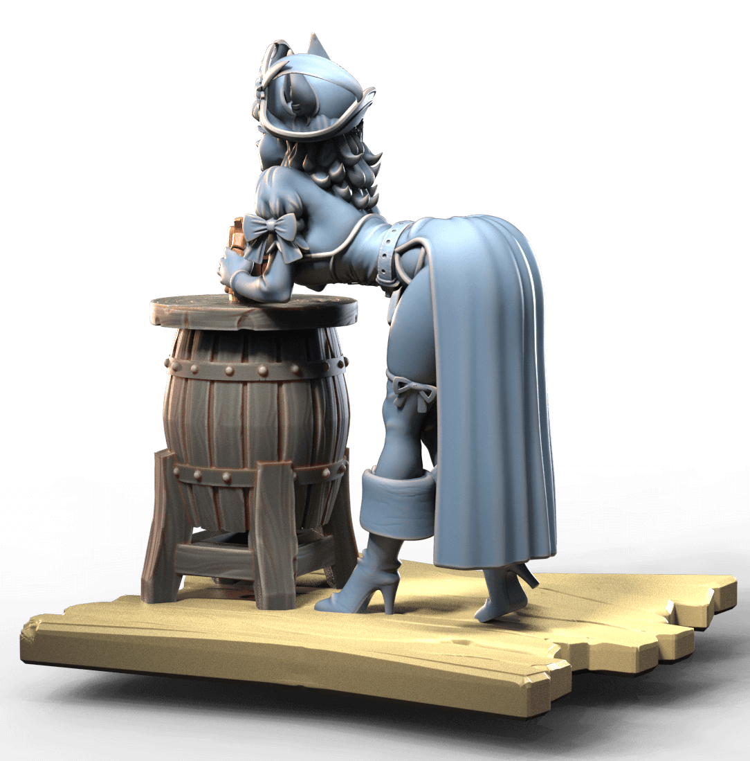 Pin-Up Fantasy Bar Girl – resin miniature of tavern barmaid leaning on barrel with mug